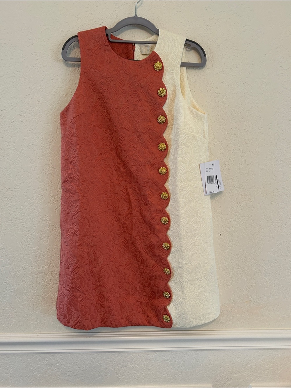 MESTIZA Two-Tone coral and Cream Sleeveless Shift Dress with Decorative Buttons